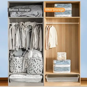 3D vacuum storage bags before and after comparison showing space saving in a closet
