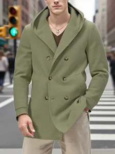 Manteau caban décontracté pour homme à capuche et double boutonnage vert olive chic urbain.
