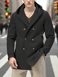 Manteau caban noir classique pour homme avec capuche et double boutonnage pour l'automne