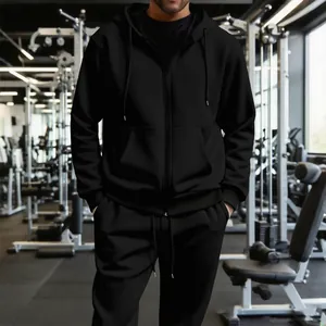 Conjunto de chándal deportivo negro para hombre con capucha y cremallera para gym.