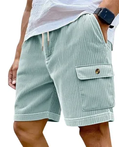 Detail view of men's light blue corduroy cargo shorts with buttoned side pocket