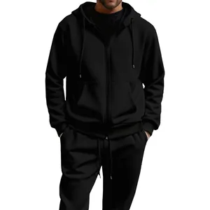 Vista completa del chándal térmico negro para hombre con capucha y cremallera