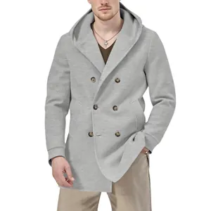 Men's light gray hooded double-breasted trench coat in a stylish mid-length fit