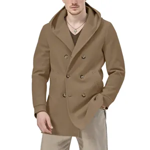Stylish men's khaki double-breasted hooded pea coat in premium wool blend fabric