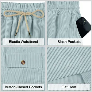 Detail view of men's corduroy shorts showing waistband, pockets, and hem.