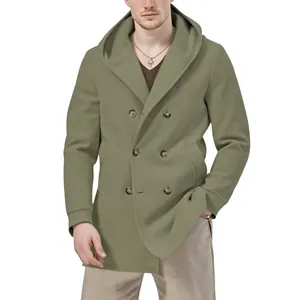 Stylish men's olive green double-breasted mid-length hooded trench coat for autumn.
