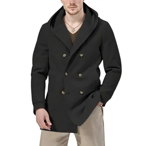 Elegant men's double-breasted hooded trench coat in casual solid black color finish