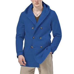 Casual royal blue hooded double-breasted mid-length trench coat for men stylish autumn wear