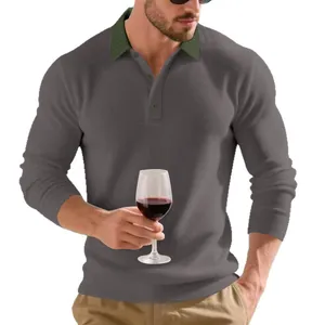 Polo à manches longues pour hommes en maille côtelée avec col contrasté élégant
