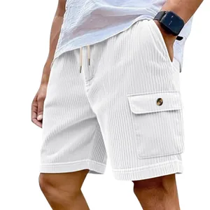 White corduroy cargo shorts for men featuring multi-pockets and drawstring waist
