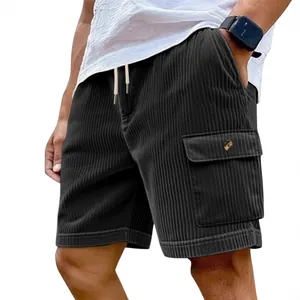 Men's black corduroy cargo shorts with drawstring waist and pockets for summer wear.
