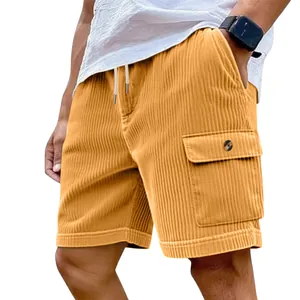 Men's casual corduroy cargo shorts featuring drawstring waist and large side pockets in mustard