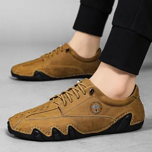 Casual καφέ δερμάτινα ανδρικά παπούτσια με vintage υφή και ανθεκτική σόλα από καουτσούκ