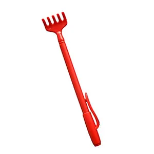 Close-up detail of a red portable telescopic back scratcher tool with pocket clip design