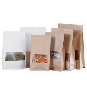 Assorted sizes of kraft paper and white matte stand-up food bags with clear windows