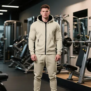 Conjunto de chándal beige de calidad para hombre con sudadera con capucha y pantalón deportivo