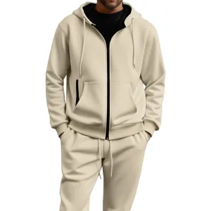 Chándal casual beige para hombre con capucha, cremallera negra y ajuste holgado