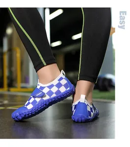 Blue and white checkered water shoes for kids with durable non-slip rubber soles for swimming