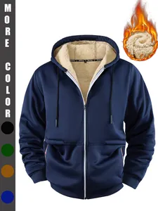Warme marineblauwe fleecegevoerde hoodie met rits voor heren, dikke winterjas casual