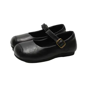 Classic black girls Mary Jane leather shoes with comfortable soft sole and metal buckle strap