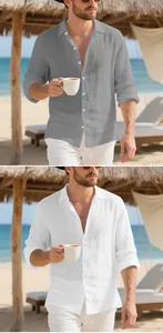 Detail view of men's casual linen long-sleeve shirt in grey and white colors