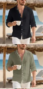 Men's breathable linen long sleeve button-down casual shirts in black and olive