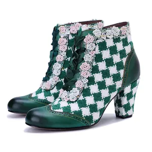 Damen Vintage Schafsleder Stiefeletten Handbearbeitet Karomuster Patchwork Brogue Schnürung Spitzenbesatz Klobiger Hoher Absatz Stiefel
