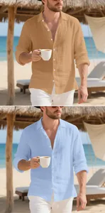 Detail view of men's casual linen long-sleeve shirts in brown and light blue colors