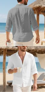 Front and back detail of a loose men's linen casual long-sleeved shirt on a beach setting