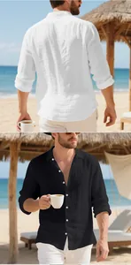 Macro detail of breathable white and black linen shirts for men in beach setting