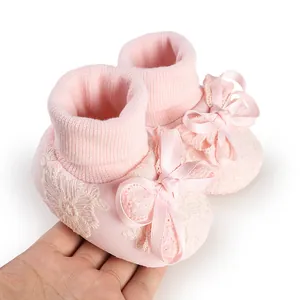 Pink lace newborn baby booties with bow soft non-slip cotton floor socks for 0-18M
