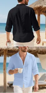 Detail of men's casual linen button-down shirt showing front and back views on beach