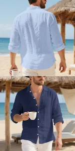 Detail view of men's loose linen casual long sleeve button-down shirt in beach setting