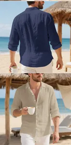 Casual men's linen long sleeve button down shirt for beach vacation in loose fit style
