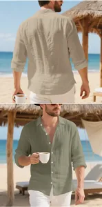 Detail view showing front and back of men's loose linen long-sleeve casual shirts