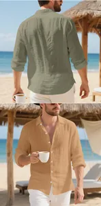 Detailed view of men's relaxed fit linen shirts in green and beige for beach wear.