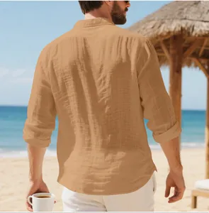 Back view of men's loose linen long sleeve shirt in camel with textured fabric