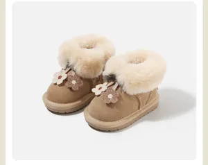 Close-up of girl's winter snow boots with plush fur trim and floral decoration