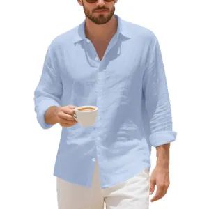 Men's light blue casual linen shirt with long sleeves and button-down collar for summer