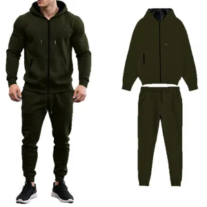 Conjunto de chándal para hombre verde oliva con sudadera con capucha y cremallera