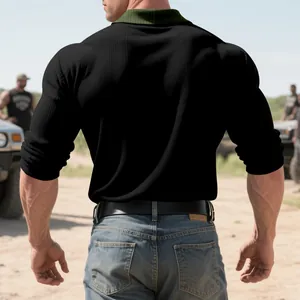 Vue arrière du polo à manches longues côtelé pour homme avec col vert foncé