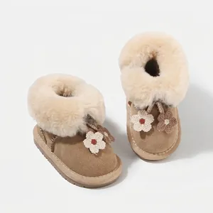 Girls Winter Snow Boots Warm Faux Fur Lined Suede Ankle Boots With Crochet Flower For Toddler Kids Shoes