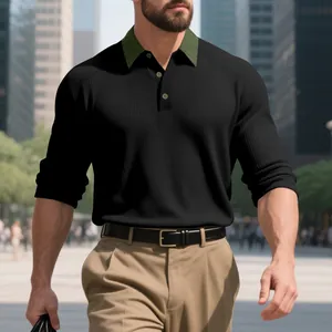 Polo à manches longues en maille côtelée pour homme noir avec col contrasté vert olive