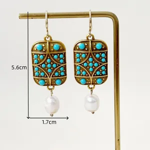 Orecchini geometrici in stile palazzo vintage con perline turchesi e perle, 5,6 cm