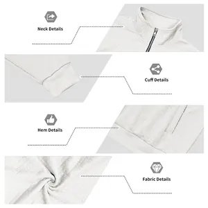 Detailed views of white quilted half-zip sweatshirt showing collar, cuffs and fabric.