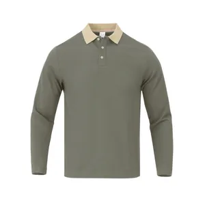 Polo à manches longues pour hommes en vert olive avec col contrasté en maille côtelée