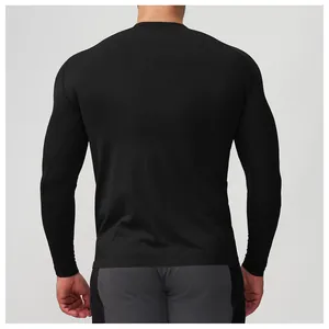 Back view detail of men's seamless quick-dry breathable long-sleeve sports t-shirt in black