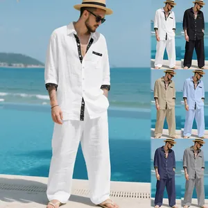 Men's casual linen two-piece set with long-sleeve shirt and trousers in multiple colors