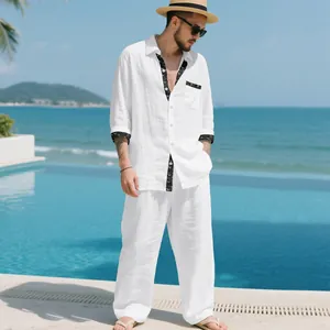 Classic white linen two-piece casual set for men with black patterned trim detail