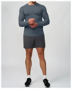 Men's seamless athletic long sleeve t-shirt in grey-blue for fitness and running.